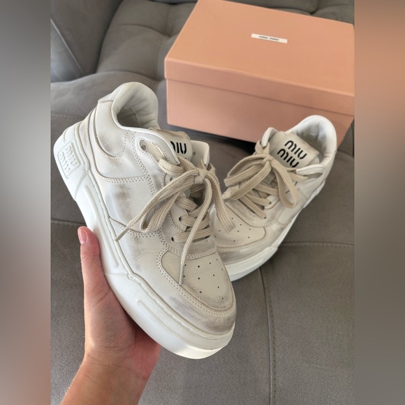 MIU MIU White Bleached Leather Sneakers Women’s Low Top Size US 8 EUR 39 Pre-Own - Picture 10 of 16